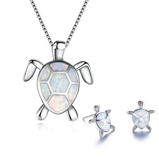 Sea Turtle Necklace + Earrings Set Made of Opal and Silver