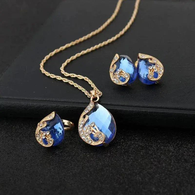 Blue Crystal Necklace + Earring Set in Blue Crystal