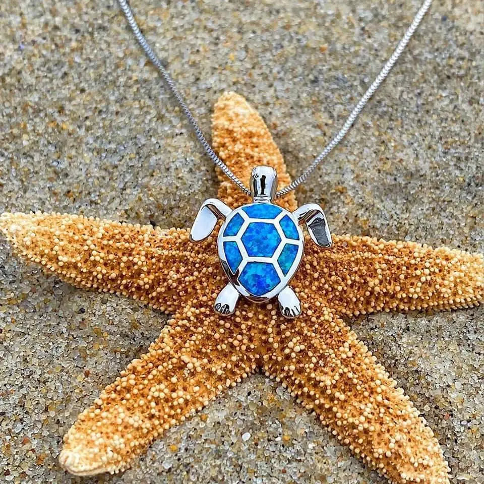 Sea Turtle Necklace + Earrings Set Made of Opal and Silver