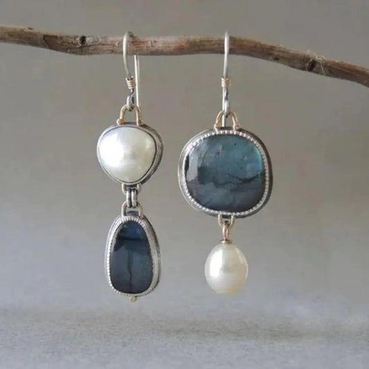 Vintage Blue Natural Stone with Pearl Earrings