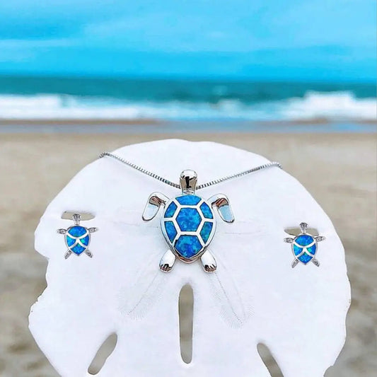 Sea Turtle Necklace + Earrings Set Made of Opal and Silver