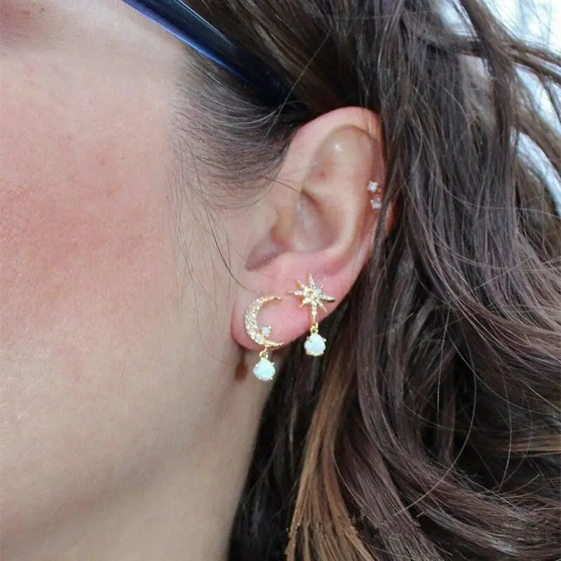 Moon and Star Earrings Made of Golden and Opal