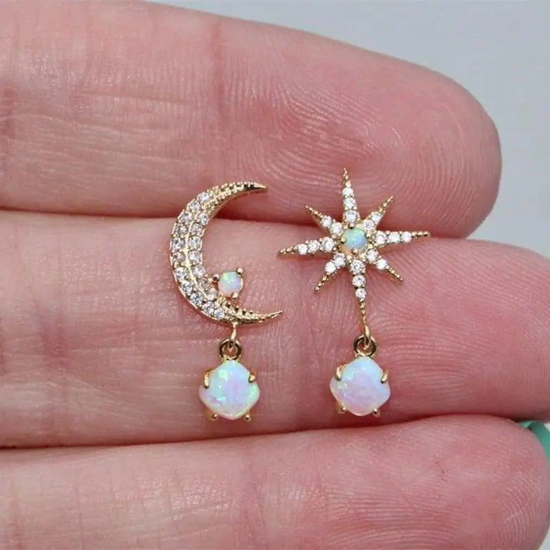 Moon and Star Earrings Made of Golden and Opal