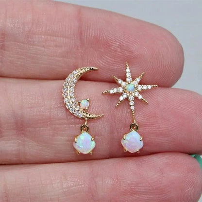Moon and Star Earrings Made of Golden and Opal