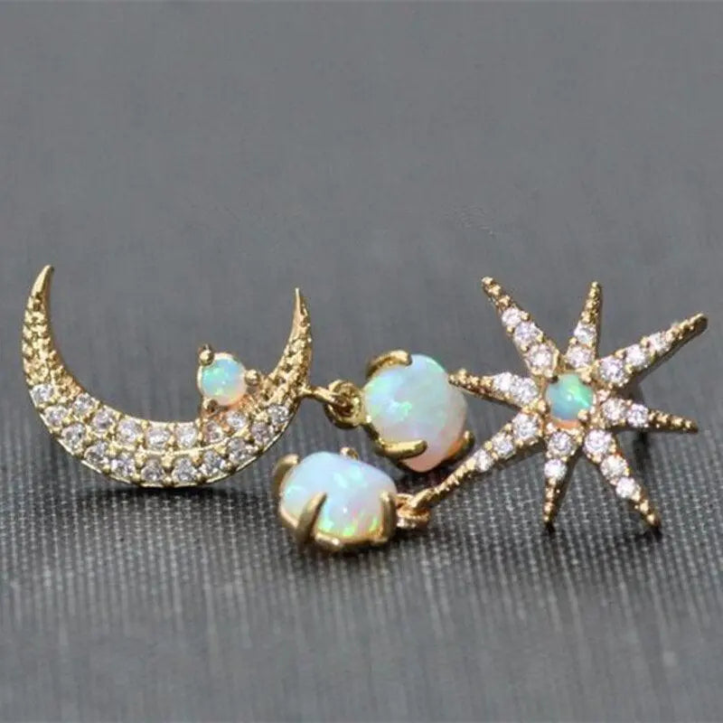 Moon and Star Earrings Made of Golden and Opal