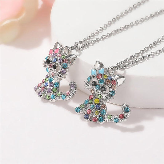 Silver Necklace with Cat Pendant and Colored Zirconia Stones