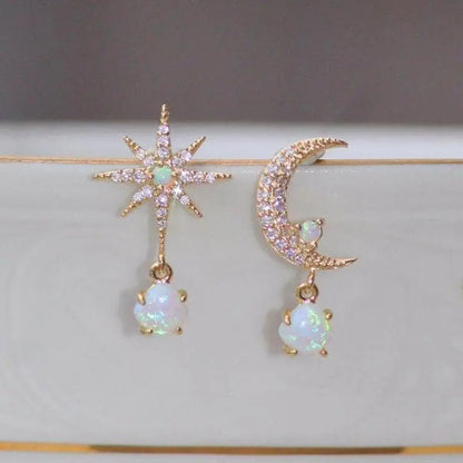Moon and Star Earrings Made of Golden and Opal