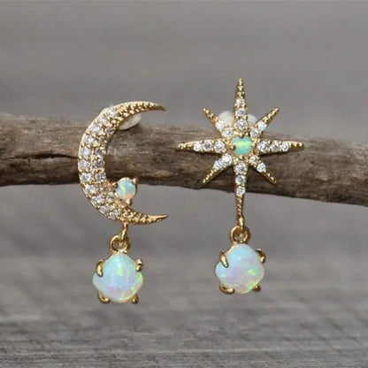Moon and Star Earrings Made of Golden and Opal