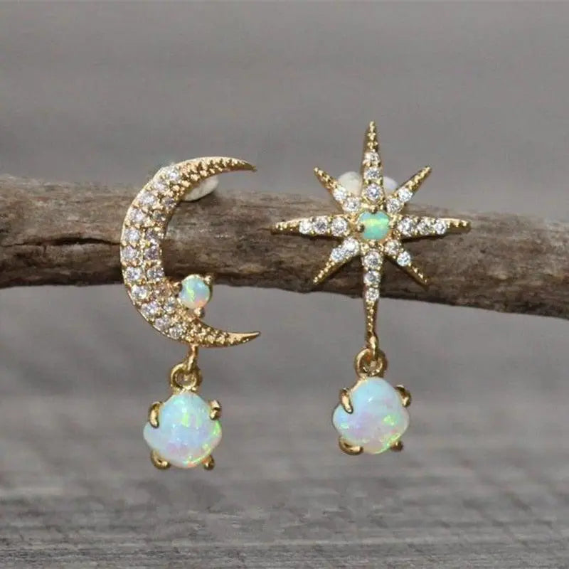 Moon and Star Earrings Made of Golden and Opal