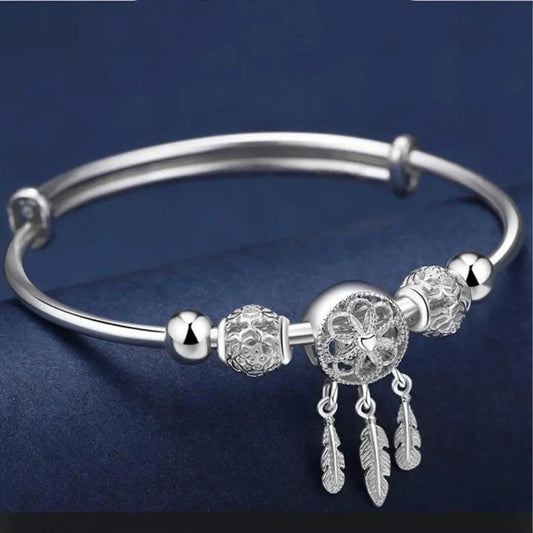 Adjustable Bracelet with Triple Leaf Charms Sterling Silver