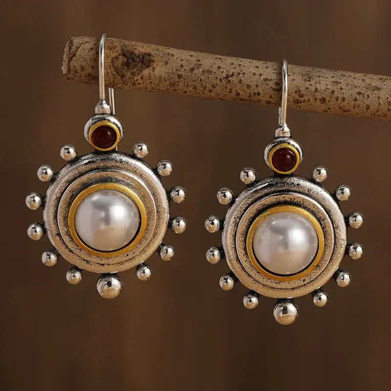 Vintage Silver and Golden Inlaid Pearl Earrings