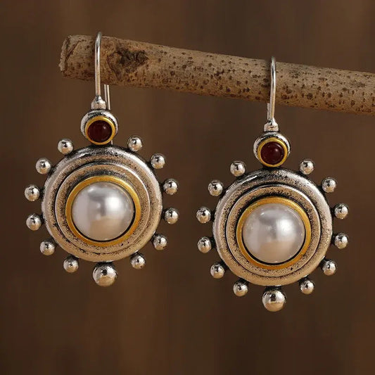 Vintage Silver and Golden Inlaid Pearl Earrings