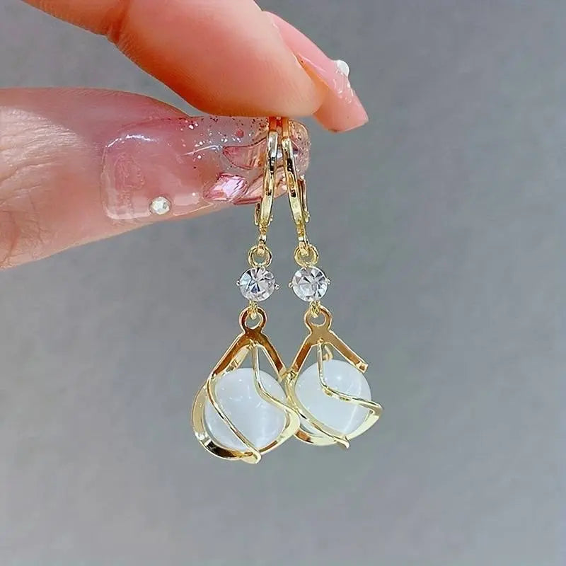 Vintage White Opal Drop Golden Earrings