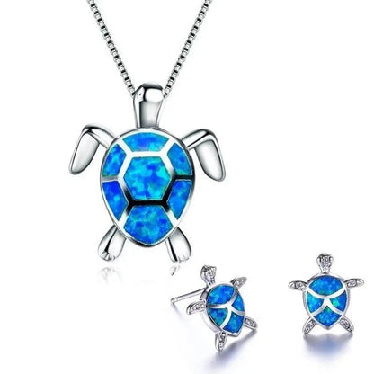 Sea Turtle Necklace + Earrings Set Made of Opal and Silver