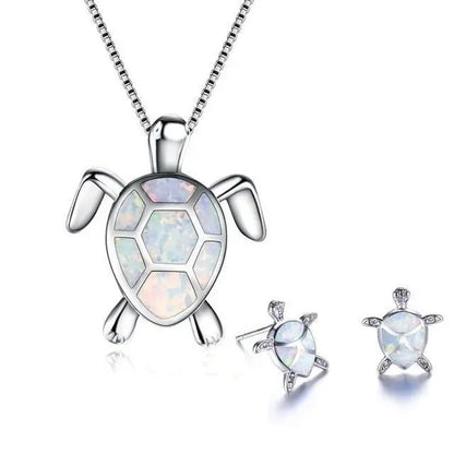 Sea Turtle Necklace + Earrings Set Made of Opal and Silver