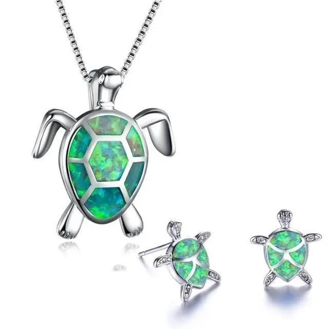 Sea Turtle Necklace + Earrings Set Made of Opal and Silver