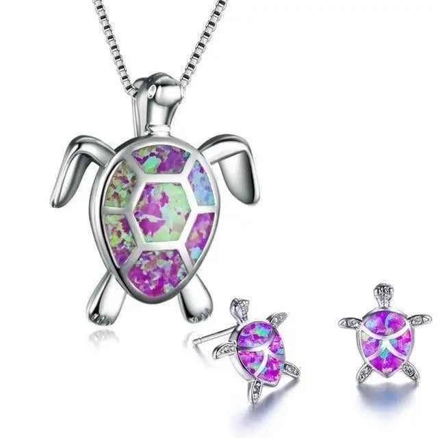 Sea Turtle Necklace + Earrings Set Made of Opal and Silver