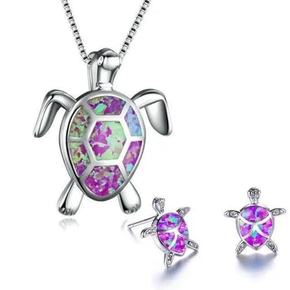 Sea Turtle Necklace + Earrings Set Made of Opal and Silver