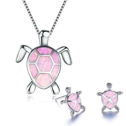 Sea Turtle Necklace + Earrings Set Made of Opal and Silver